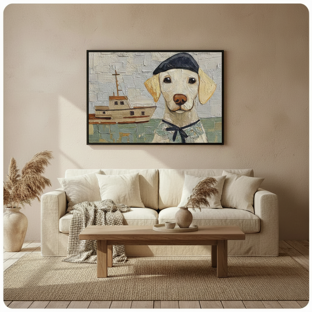Framed labrador puppy in sailor beret nautical oil painting above cream sofa on warm beige wall – coastal dog canvas wall art for boho living room decor