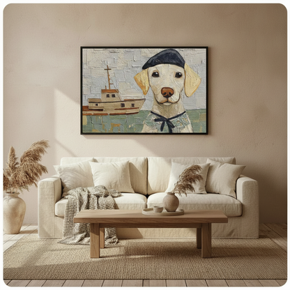Framed labrador puppy in sailor beret nautical oil painting above cream sofa on warm beige wall – coastal dog canvas wall art for boho living room decor
