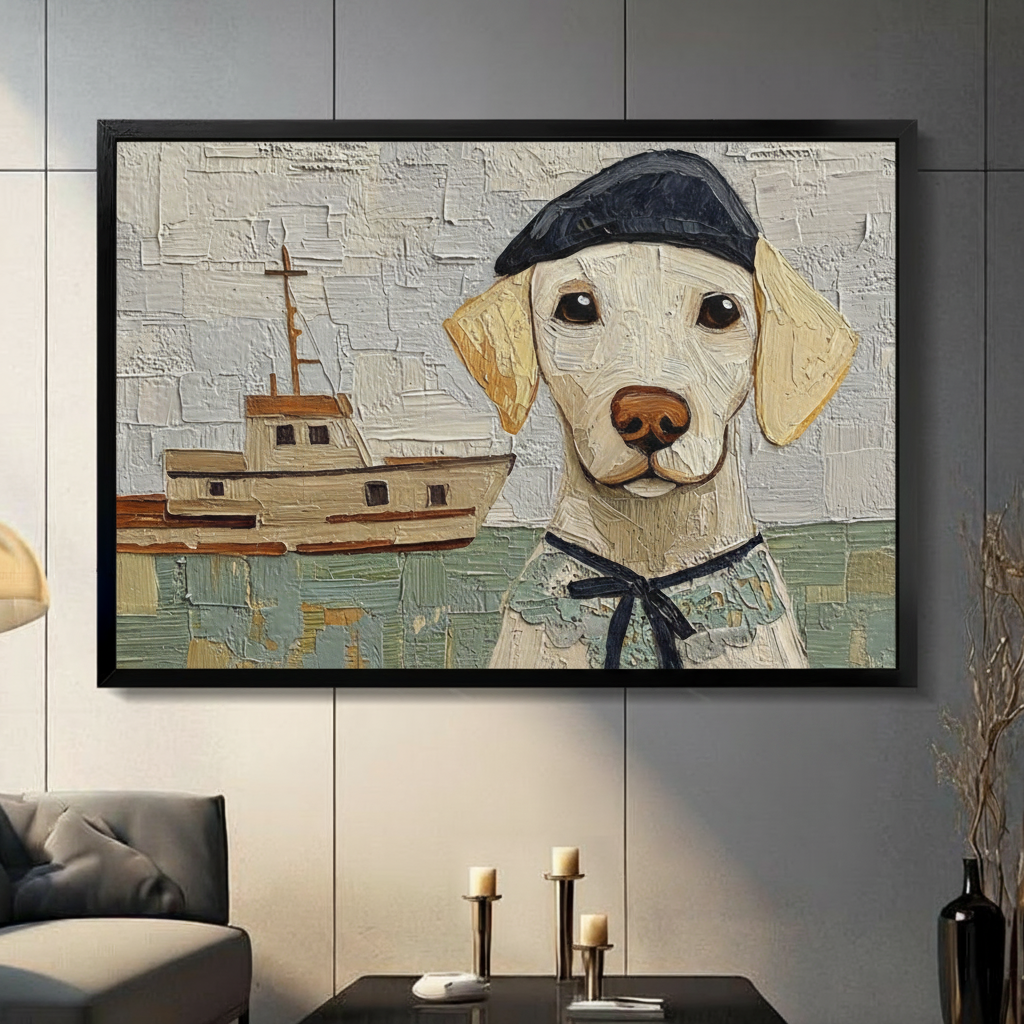 Yellow labrador puppy in sailor suit and black beret nautical oil painting in black frame on dark grey panel wall – impasto texture dog canvas wall art for living room
