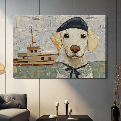 Frameless yellow labrador in sailor outfit nautical canvas print on grey panel wall – impasto texture boat and dog wall art for contemporary living room decor