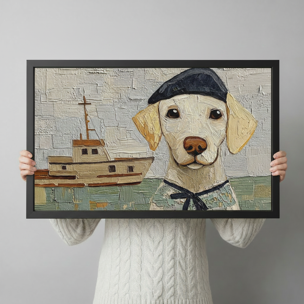 Person holding framed yellow labrador puppy sailor hat nautical oil painting canvas – impasto dog with boat wall art size reference display