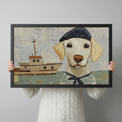 Person holding framed yellow labrador puppy sailor hat nautical oil painting canvas – impasto dog with boat wall art size reference display
