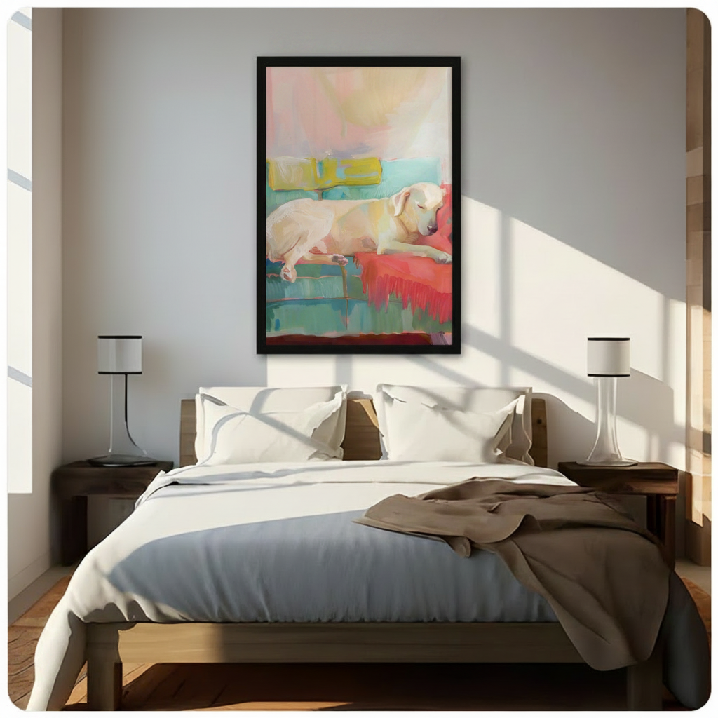 Yellow Labrador sleeping on colorful sofa framed canvas displayed above bed in sunlit neutral bedroom - vibrant dog wall art for playful and cozy bedroom decor