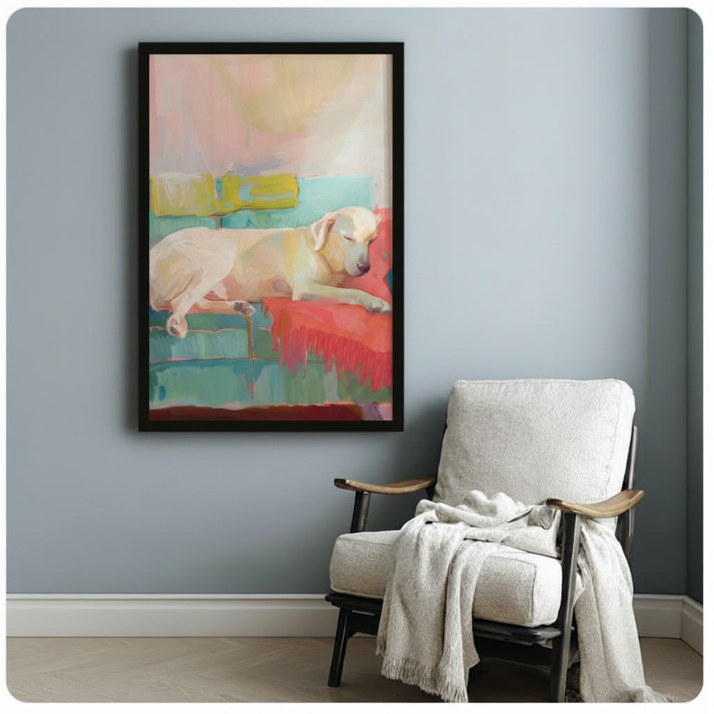 Framed Labrador napping on colorful sofa wall art beside wooden accent chair with linen throw - bold Matisse-style dog canvas print for reading nook or study