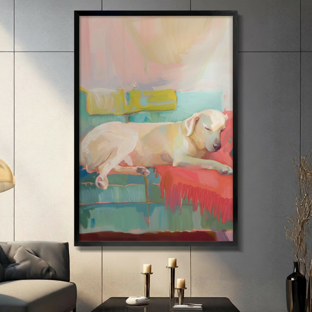 Matisse-style yellow Labrador sleeping on teal sofa with red blanket framed wall art - bold colorful dog oil painting canvas print for modern living room decor