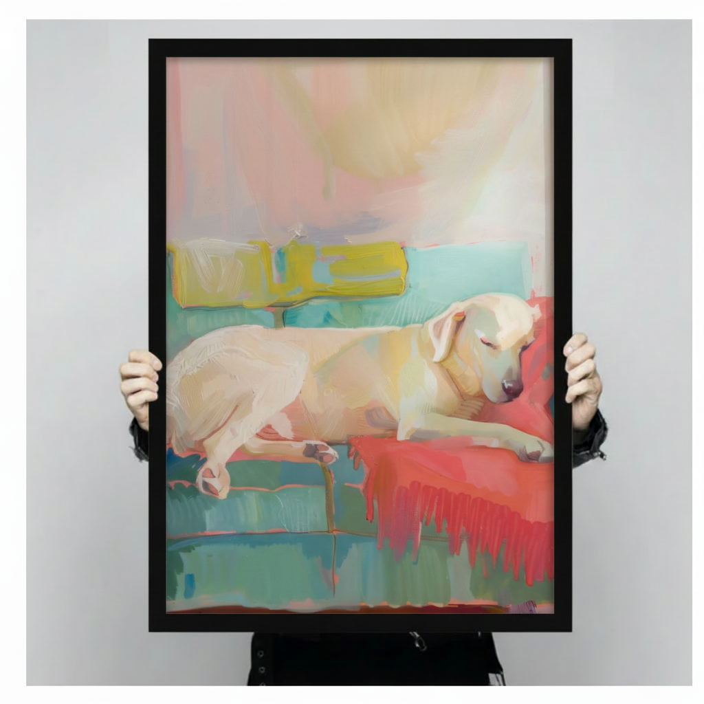 Hands holding large framed Labrador sleeping on teal sofa canvas print - full artwork detail of Matisse-inspired colorful dog oil painting with red blanket and abstract background