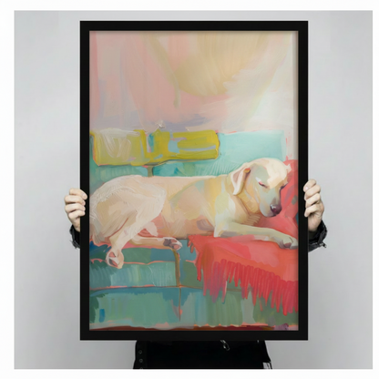 Hands holding large framed Labrador sleeping on teal sofa canvas print - full artwork detail of Matisse-inspired colorful dog oil painting with red blanket and abstract background