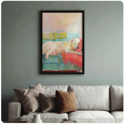 Yellow Labrador sleeping on teal sofa framed art print above grey bouclé sofa - colorful dog canvas wall decor with bold pink and teal palette for living room