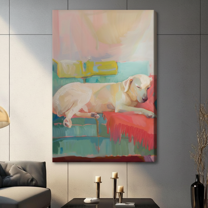 Unframed Labrador napping on colorful sofa canvas print - vibrant Matisse-inspired dog wall art in teal pink and yellow tones for contemporary home decor