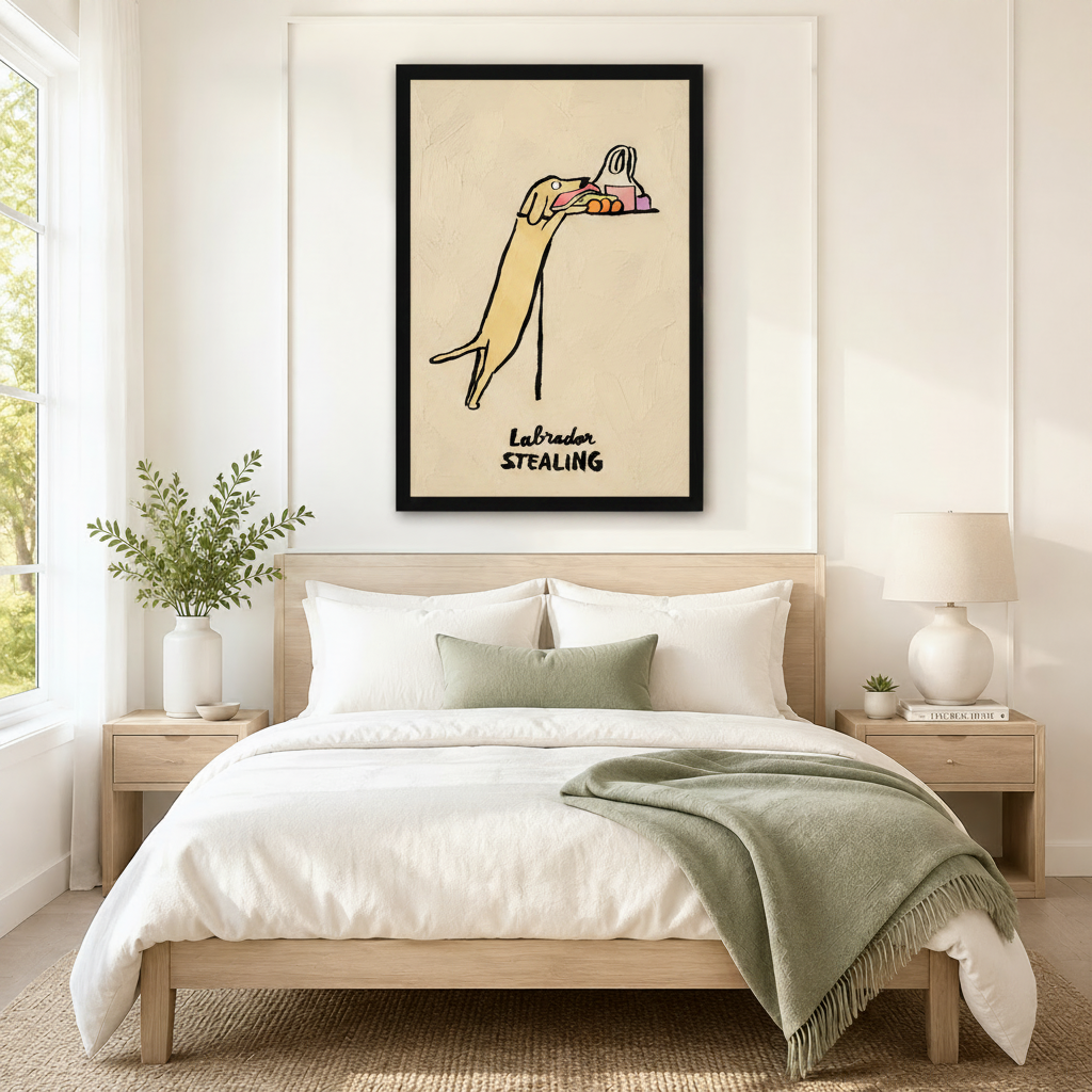 Oversized black-framed canvas of a cheeky Labrador reaching up to steal snacks in whimsical line art with "Labrador Stealing" text, mounted as a playful statement piece above a neutral linen bed in a minimalist bedroom