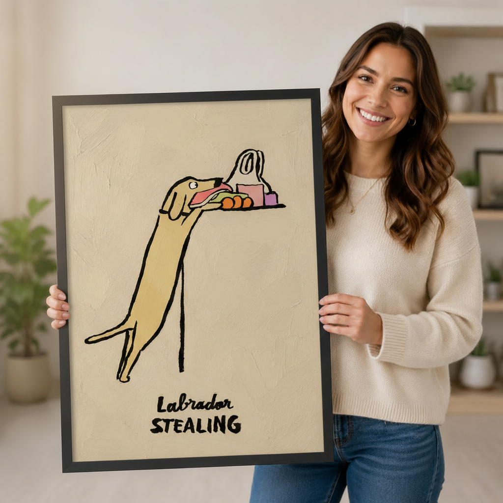 Smiling woman holding a large black-framed canvas print of a yellow Labrador stealing food in hand-drawn comic style, showing print size, frame quality, and humorous dog illustration detail up close