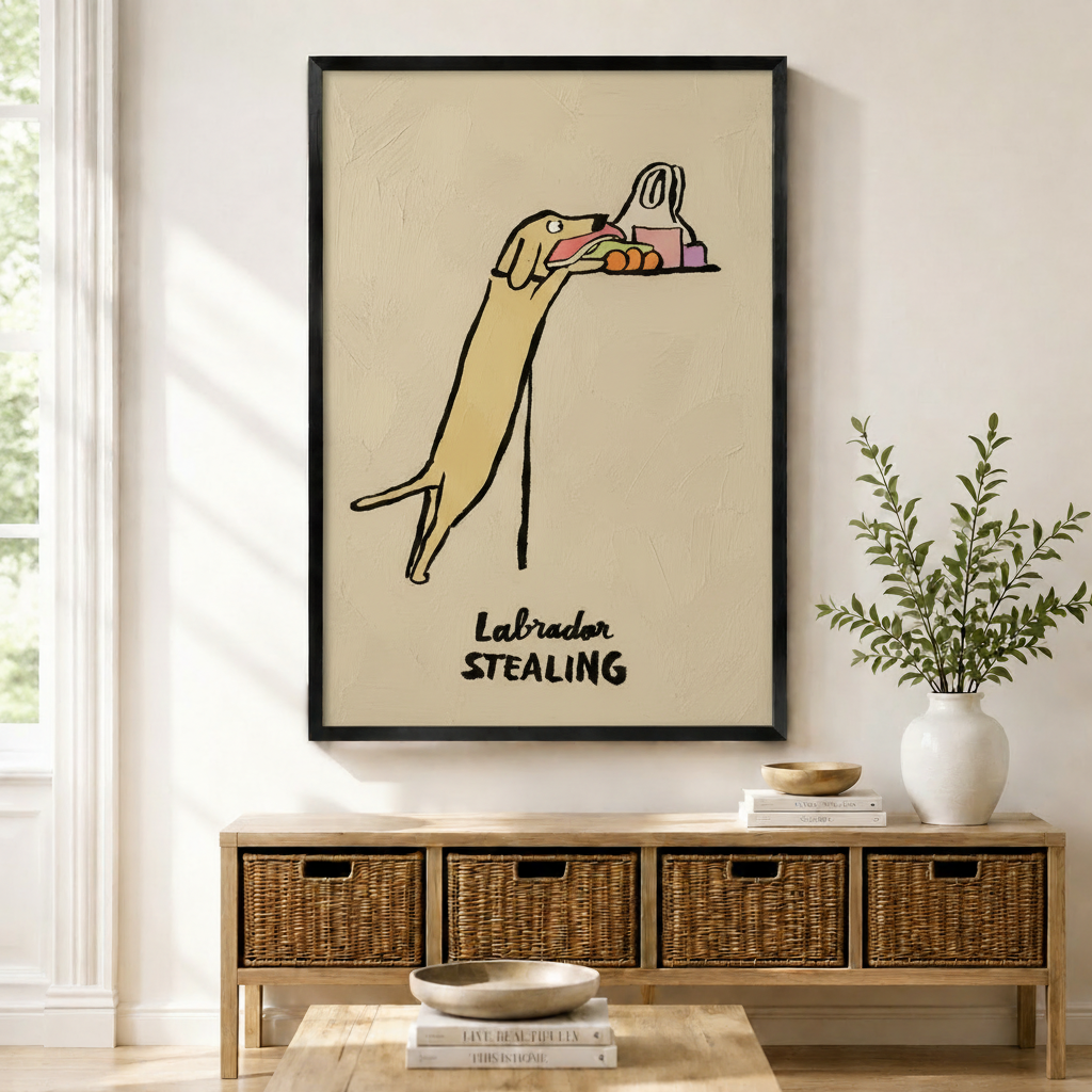 Framed canvas print of a humorous yellow Labrador stretching up to steal food from a counter in loose line art style with "Labrador Stealing" text, displayed above a rattan storage console in a bright modern entryway