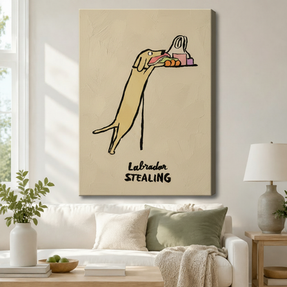 Gallery wrap canvas of a cheeky yellow Labrador reaching up to snatch snacks in playful hand-drawn illustration style, hung above a white linen sofa adding witty dog lover charm to a neutral boho living room