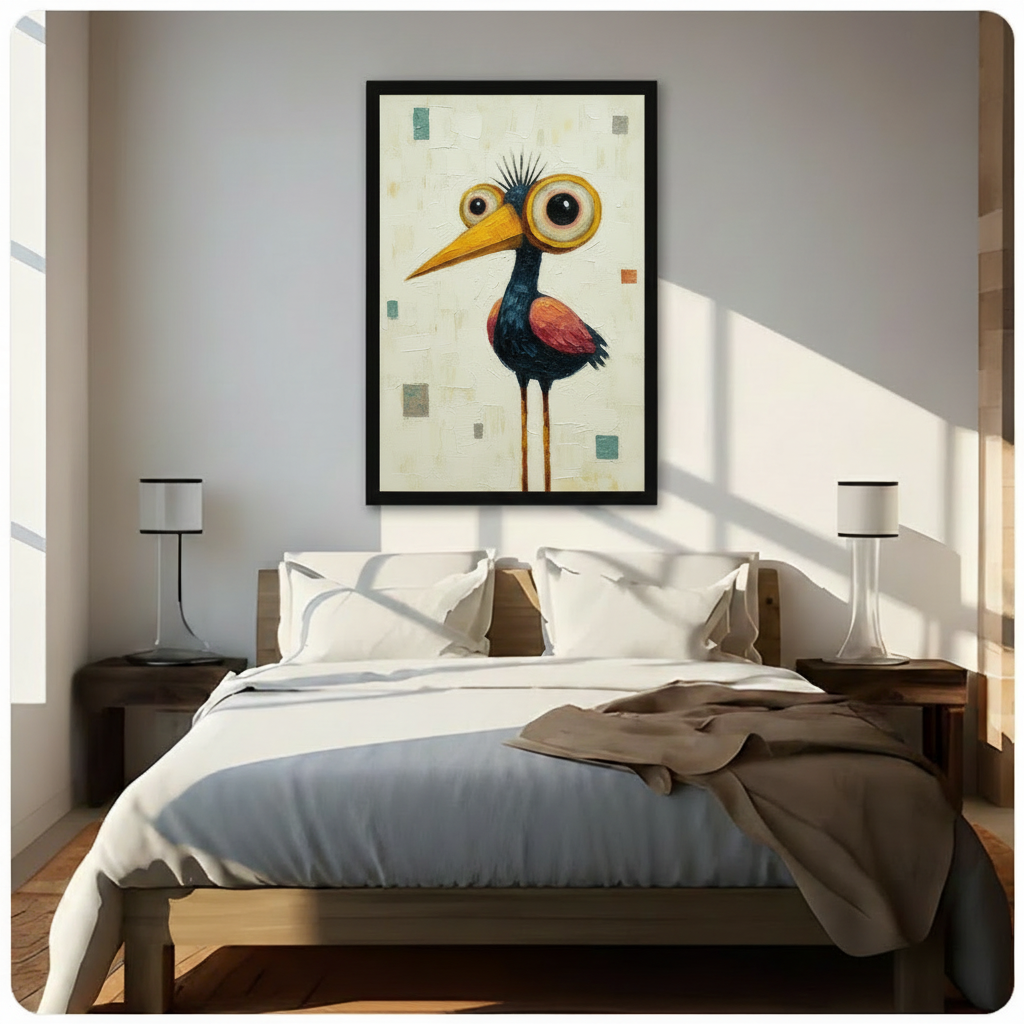 Framed quirky bird painting with large expressive eyes and spiky crest, displayed above a minimalist bedroom bed in warm natural light