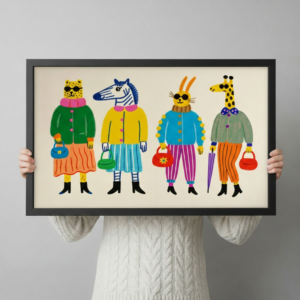 Large fashion animal gang art print with black frame held up for size reference, vibrant illustrated leopard zebra rabbit giraffe poster