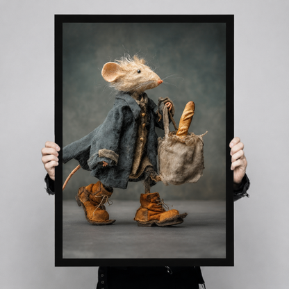 Large whimsical mouse in blue coat and brown boots art print with black frame held up for size reference, gothic fantasy character poster