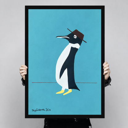 Large penguin with brown hat art print with black frame held up for size reference, bold flat design teal background animal poster