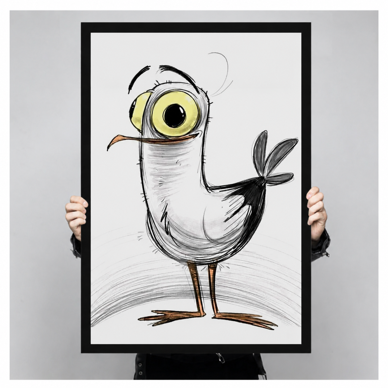 Large hand-drawn quirky bird art print with black frame held up for size reference, bold sketch style wall art