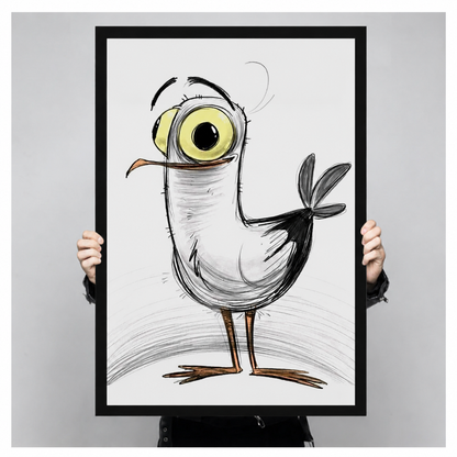 Large hand-drawn quirky bird art print with black frame held up for size reference, bold sketch style wall art