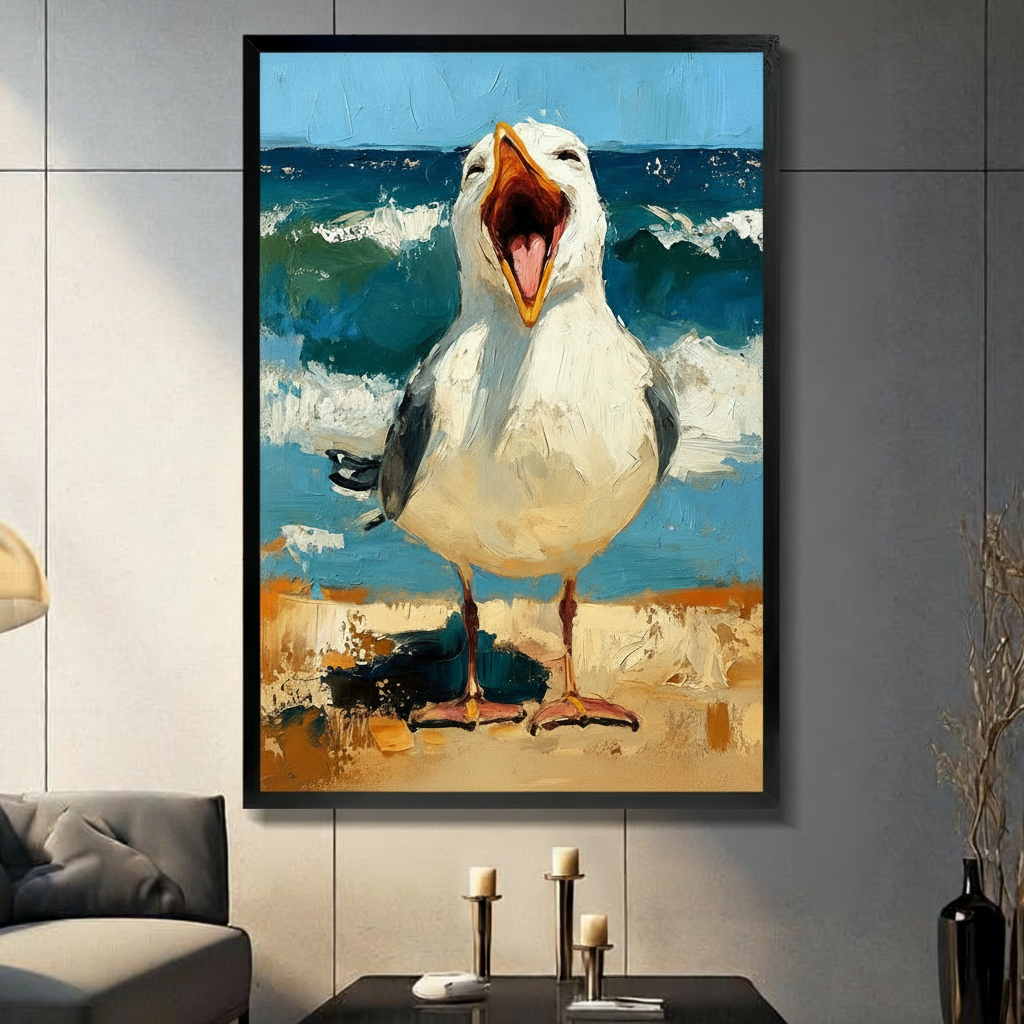 Framed canvas wall art of a bold laughing seagull standing on a sandy beach with crashing ocean waves, oil painting style, displayed in dark modern living room