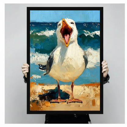 Hand-held close-up of laughing seagull beach canvas art in black wood frame, showing expressive oil painting brushstroke detail and premium print quality