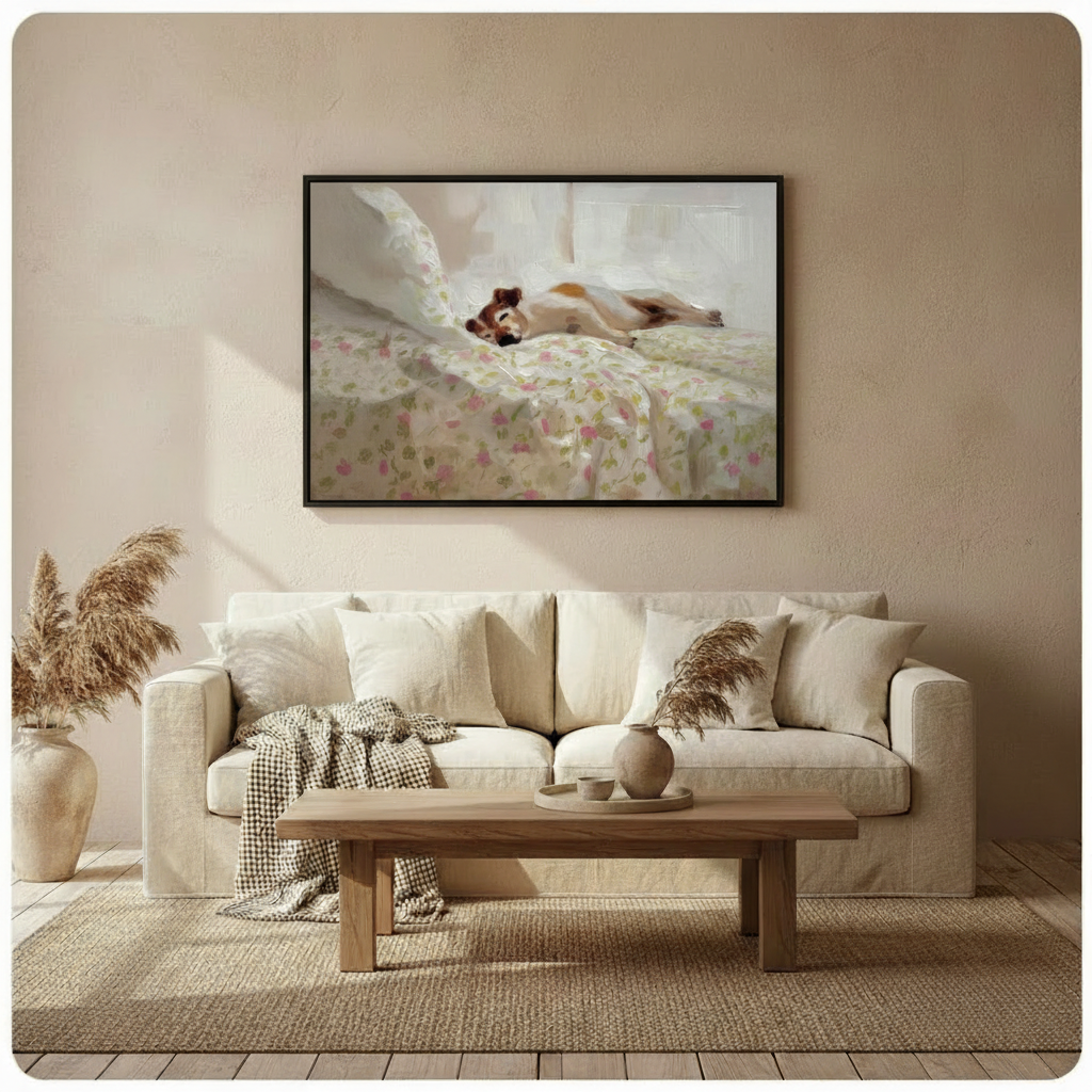 Framed lazy dog sleeping on floral bedding canvas print above cream linen sofa in warm neutral living room - cozy beagle napping in bed oil painting wall art with soft botanical pattern for Scandinavian home decor