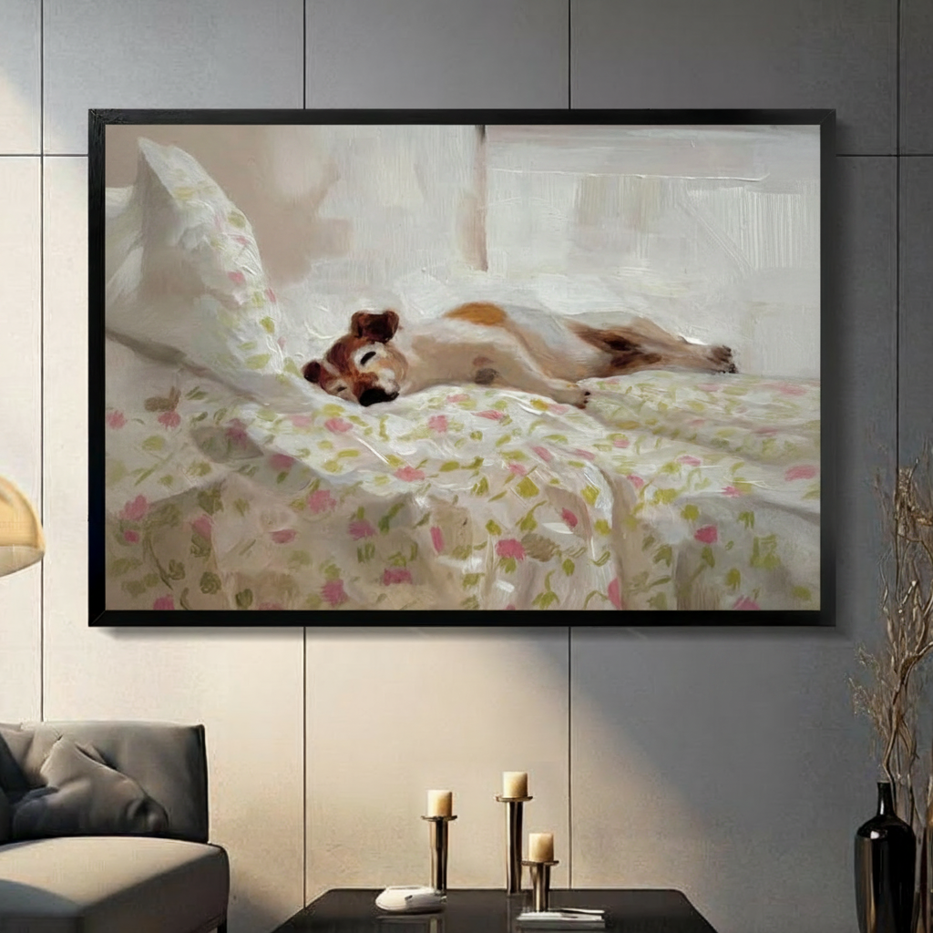 Framed lazy dog sleeping on floral bedding oil painting canvas print on dark grey tile wall in modern living room - cozy beagle napping in bed wall art with soft pink and green botanical pattern for contemporary home decor