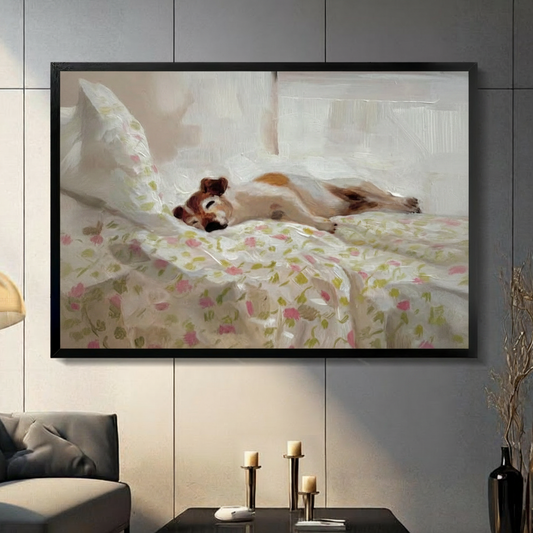 Framed lazy dog sleeping on floral bedding oil painting canvas print on dark grey tile wall in modern living room - cozy beagle napping in bed wall art with soft pink and green botanical pattern for contemporary home decor