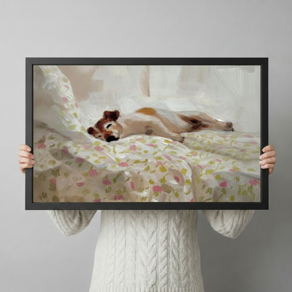 Person holding large framed lazy dog sleeping on floral bedding canvas print with both hands - close up view of cozy beagle napping in bed oil painting wall art with soft pink botanical pattern and black frame finish
