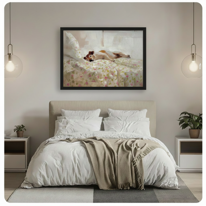 Framed lazy beagle sleeping on floral bedding canvas print above bed in minimalist bedroom with pendant lights - serene dog napping in bed oil painting wall art with soft pink and green botanical pattern for contemporary bedroom decor