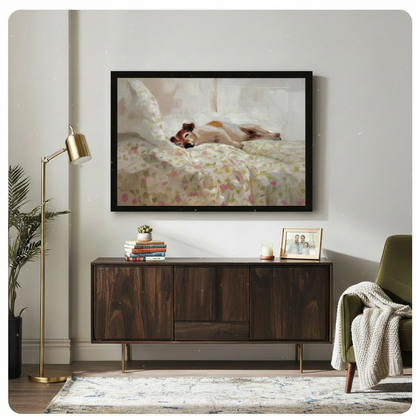Framed lazy dog sleeping on floral bedding large canvas print above dark wood sideboard in modern living room with gold floor lamp - cozy beagle napping in bed wall art with soft botanical print for warm contemporary home decor