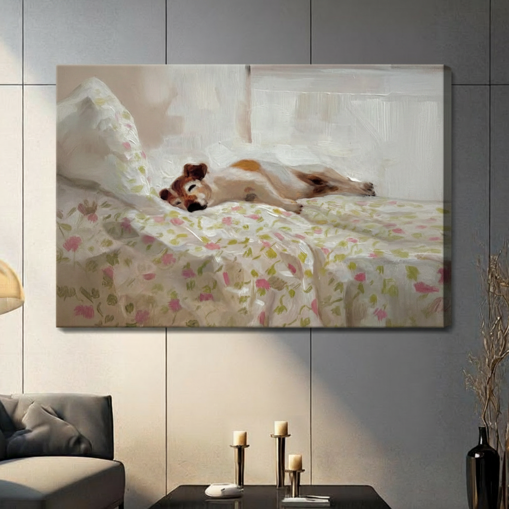 Unframed lazy dog sleeping on floral bedding canvas print displayed on dark grey tile wall in contemporary living room - warm beagle napping in bed wall art with delicate pink and green botanical print for modern interior decor