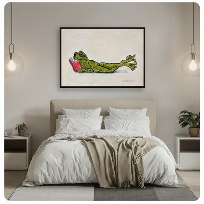 Funny lazy frog reading red book framed canvas wall art displayed above bed as playful bedroom statement piece in modern neutral bedroom with glass globe pendant lights

