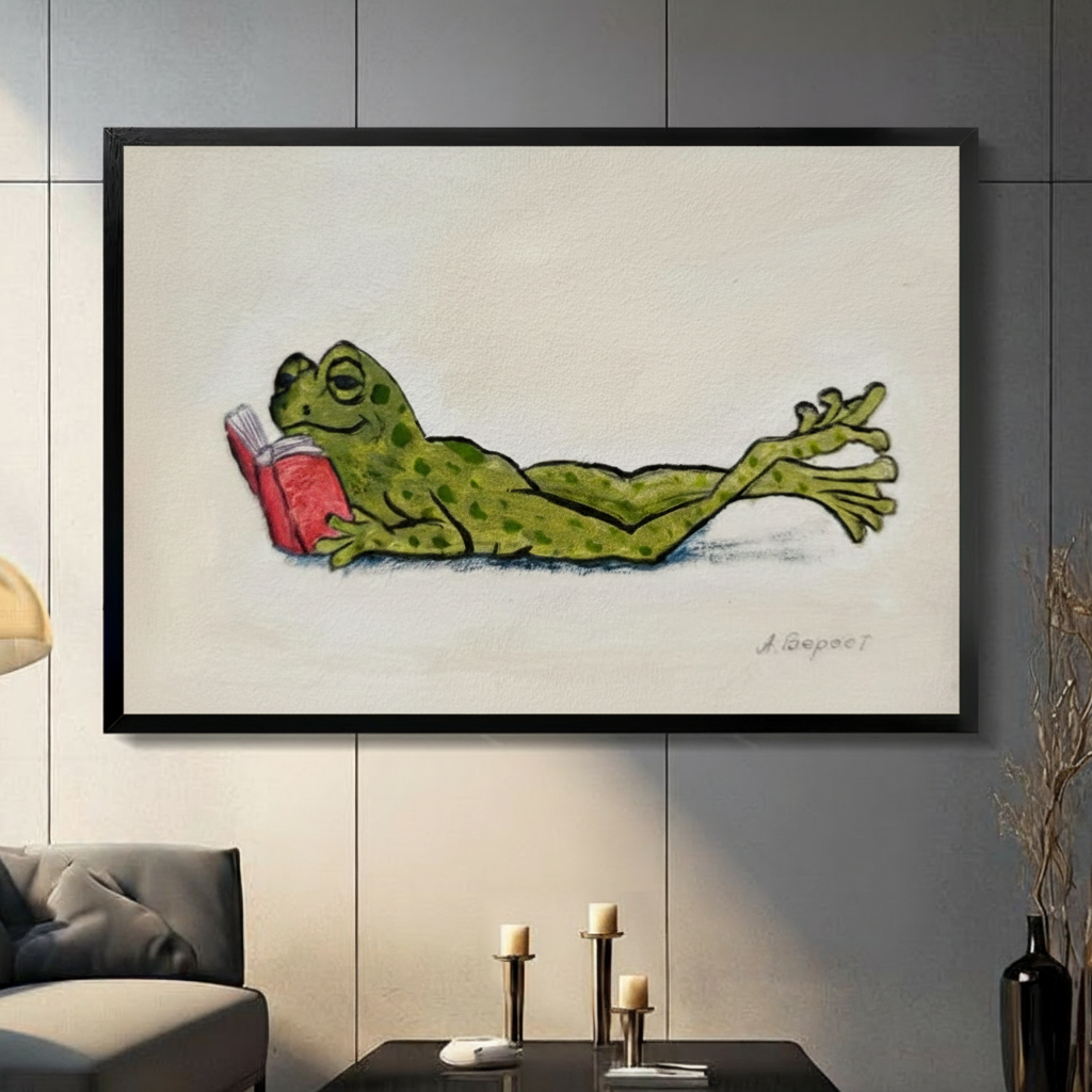 Whimsical lazy frog reading red book framed canvas wall art with black wood frame displayed in modern living room with gray panel wall and candlesticks