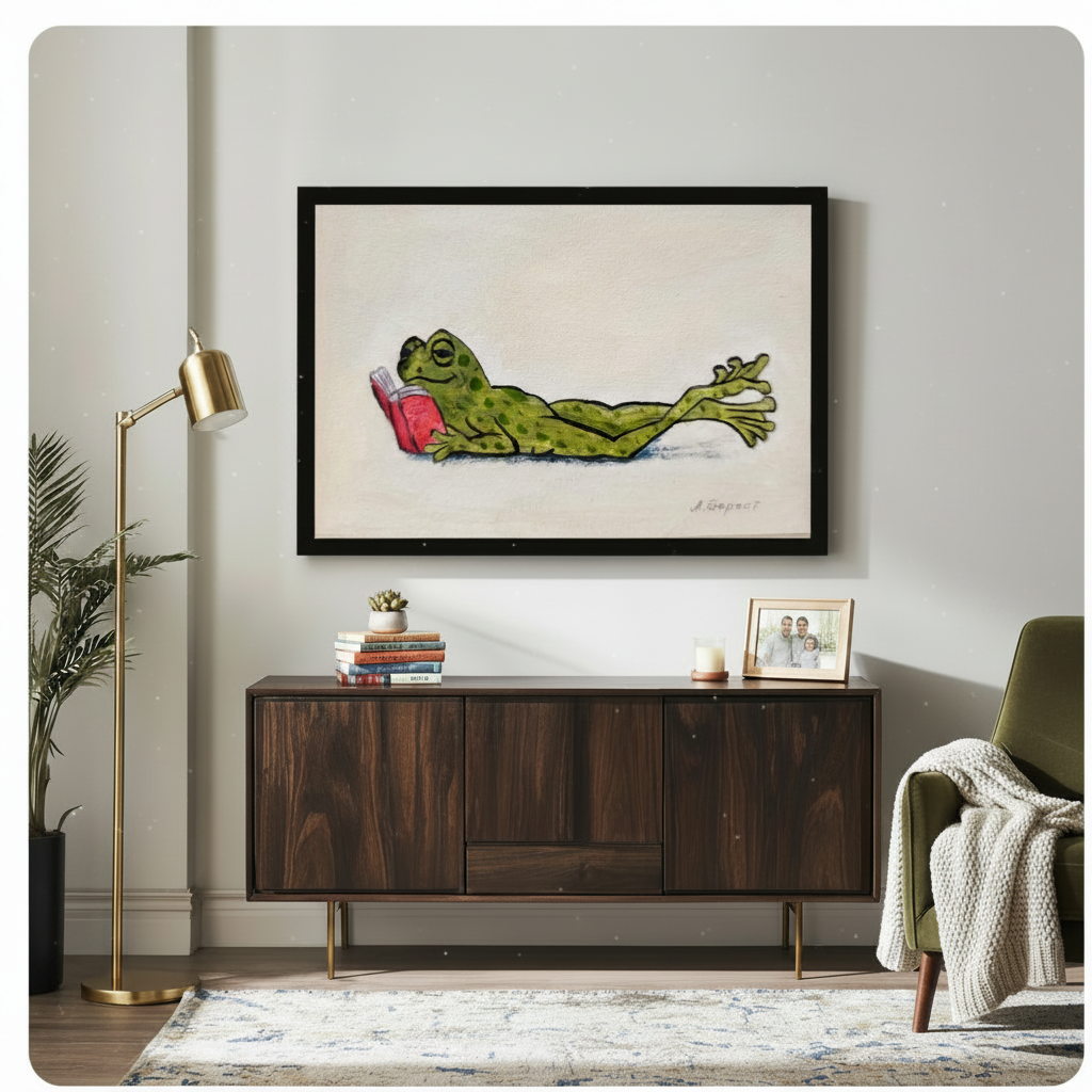 Framed whimsical lazy frog reading book canvas art hung above dark walnut sideboard in modern living room with brass floor lamp and green velvet accent chair