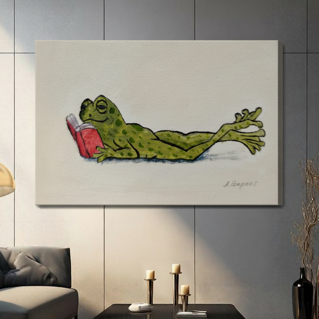 Gallery-wrapped stretched canvas of relaxed green frog lying down reading a red book with vintage illustration style on cream background hung on gray panel wall