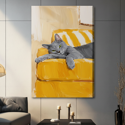 Unframed stretched canvas print of a relaxed grey cat resting on a mustard yellow couch with impasto oil painting texture hung on a contemporary dark grey wall