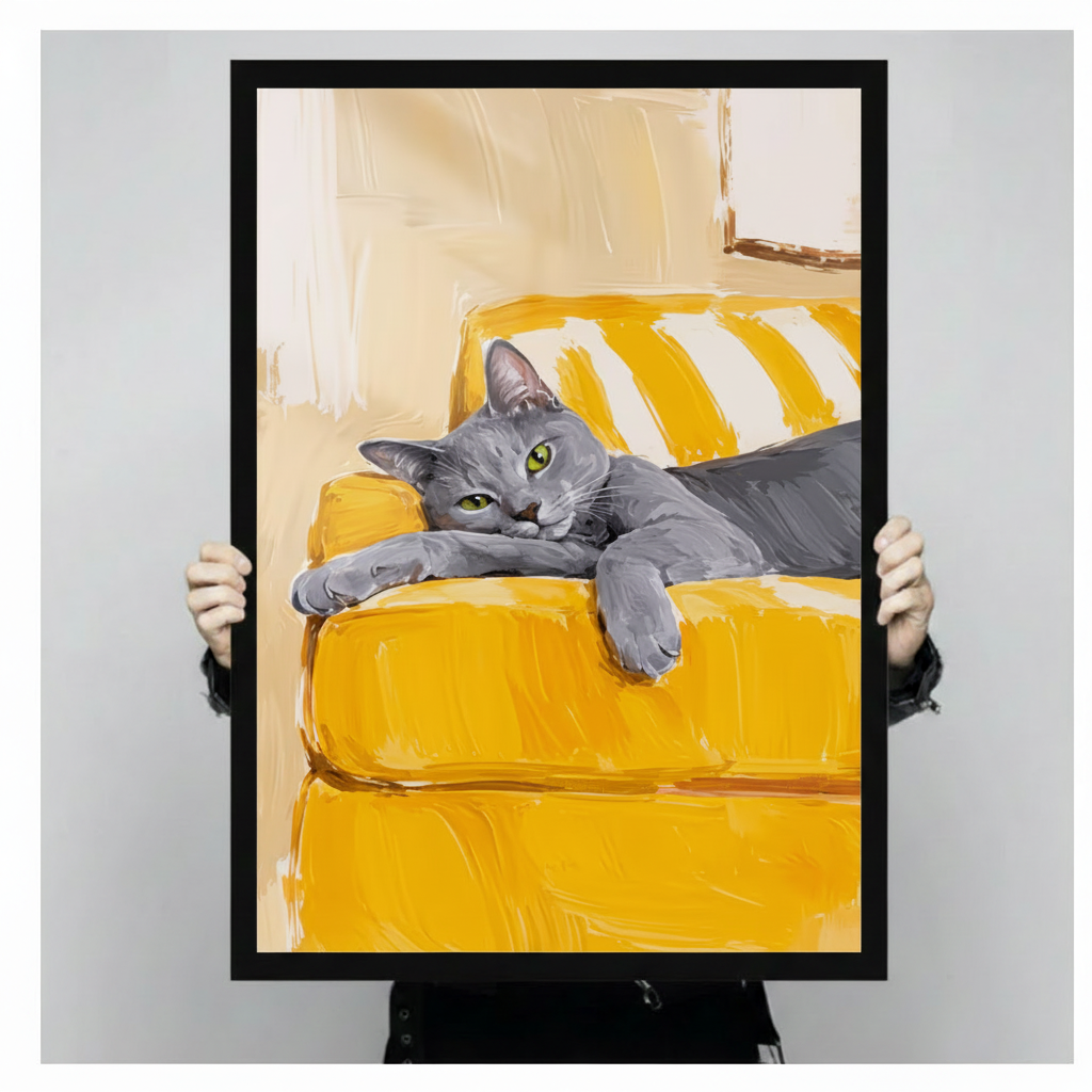 Person holding a large black framed canvas art print of a grey cat with green eyes lounging on a mustard yellow sofa showing print size scale and oil painting texture detail