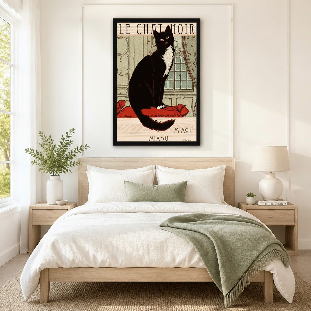 Le Chat Noir Miaou classic French black tuxedo cat vintage poster wall art in black frame hanging above neutral linen king bed with wooden nightstands in minimalist American bedroom