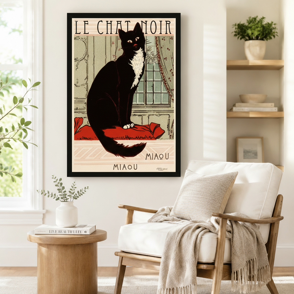 Black framed Le Chat Noir Miaou art nouveau French tuxedo cat vintage poster print beside white linen accent chair and round side table in bright Scandinavian reading nook