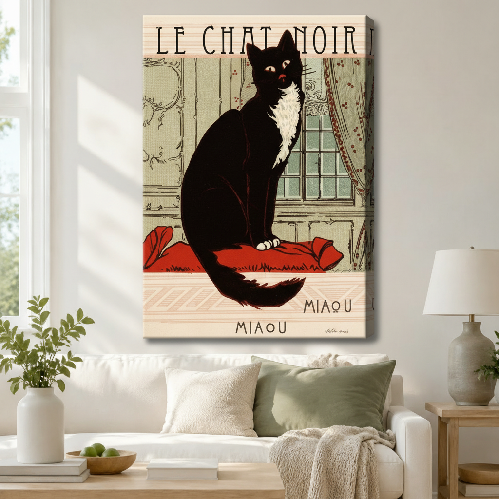 Gallery wrap canvas of Le Chat Noir Miaou classic French black cat on red cushion art nouveau poster hanging above white sofa with sage throw pillows in cozy living room