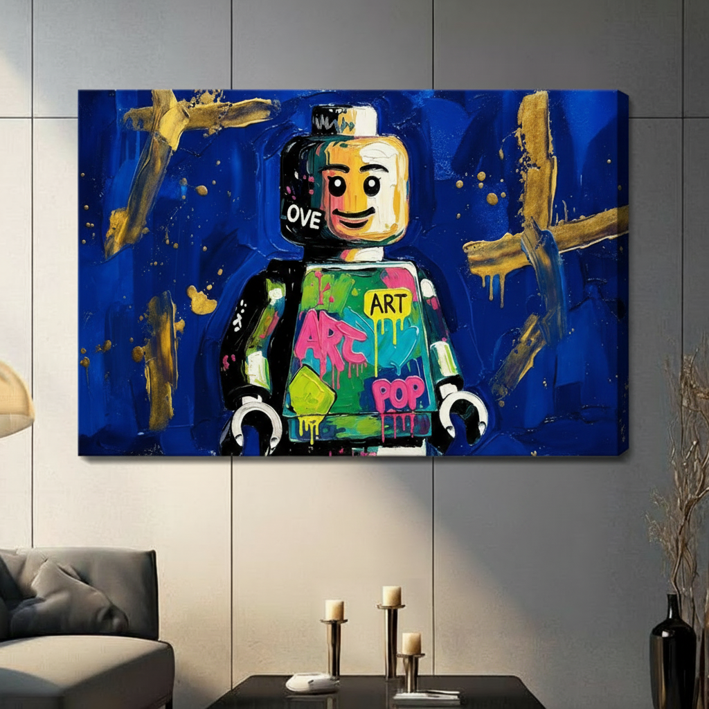 Gallery-wrapped Lego minifigure graffiti canvas art in blue and gold, hung on wall without frame