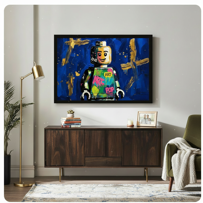 Framed Lego minifigure pop art print displayed above wooden sideboard in contemporary living room setting