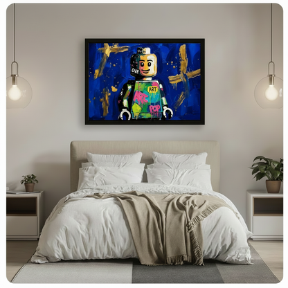 Framed Lego pop art canvas hung above bed in modern bedroom, cobalt blue graffiti wall art decor