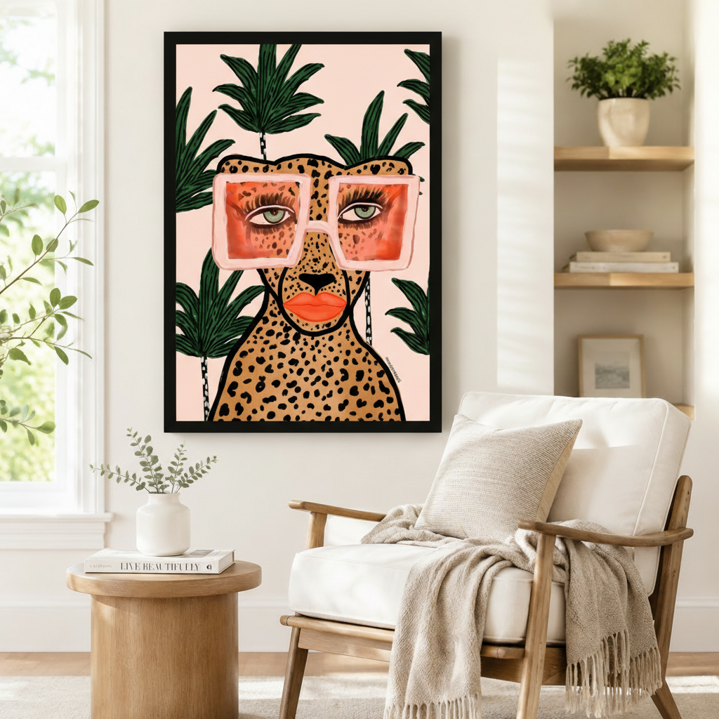 Bold leopard with pink oversized glasses and orange lips framed wall art print beside linen armchair in bright Scandinavian reading nook