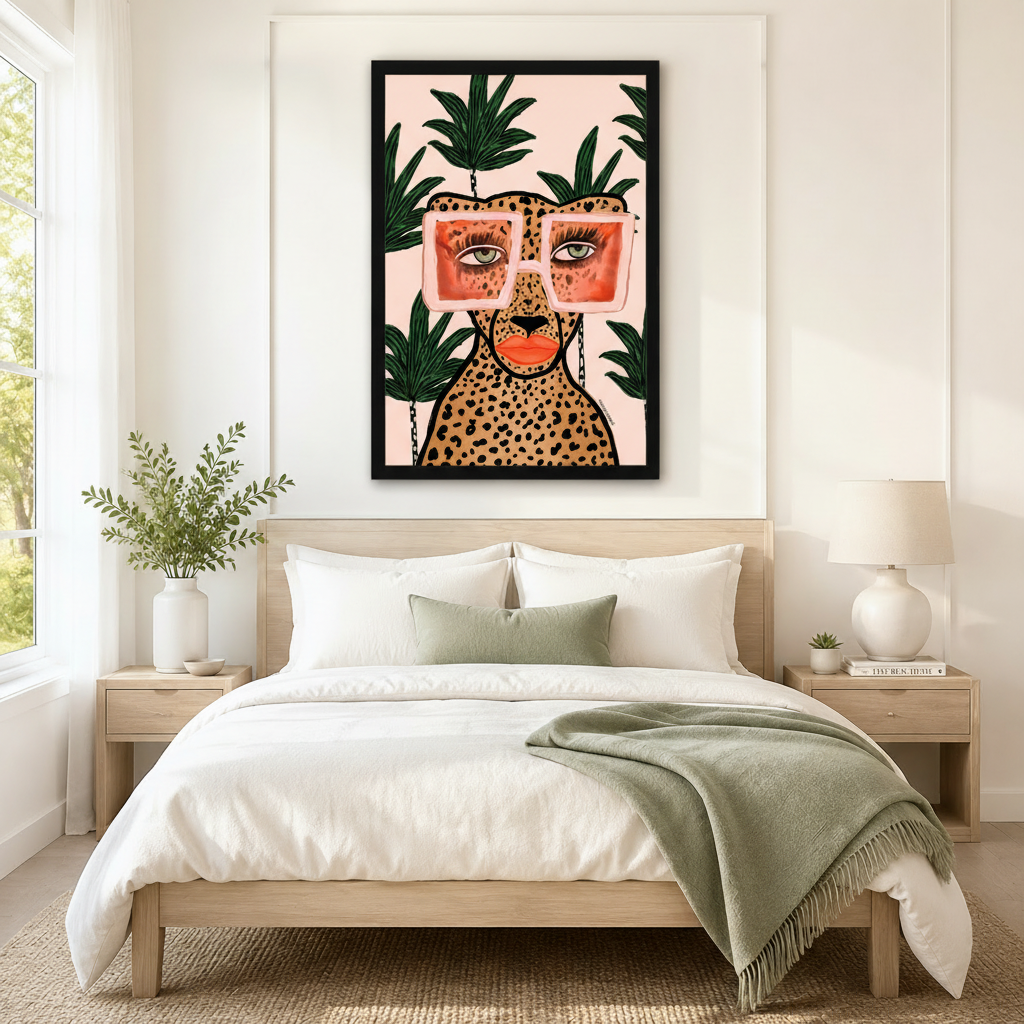 Chic leopard with pink sunglasses and red lips tropical framed canvas wall art hung above bed as a bold feminine bedroom statement piece