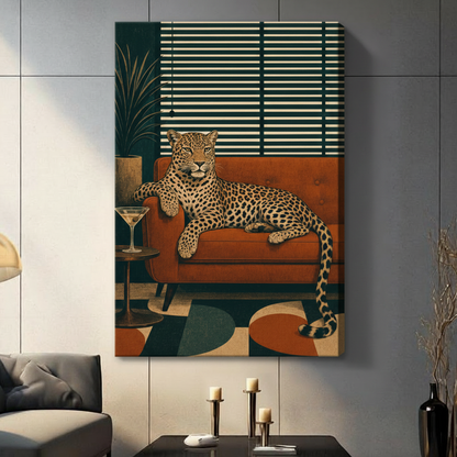 Relaxed spotted leopard draped across rust orange retro sofa with cocktail martini glass on tulip side table against deep teal wall with striped venetian blinds and potted palm plant geometric abstract rug mid-century modern illustration stretched canvas wall art print hanging in a contemporary living room with gray tiled wall