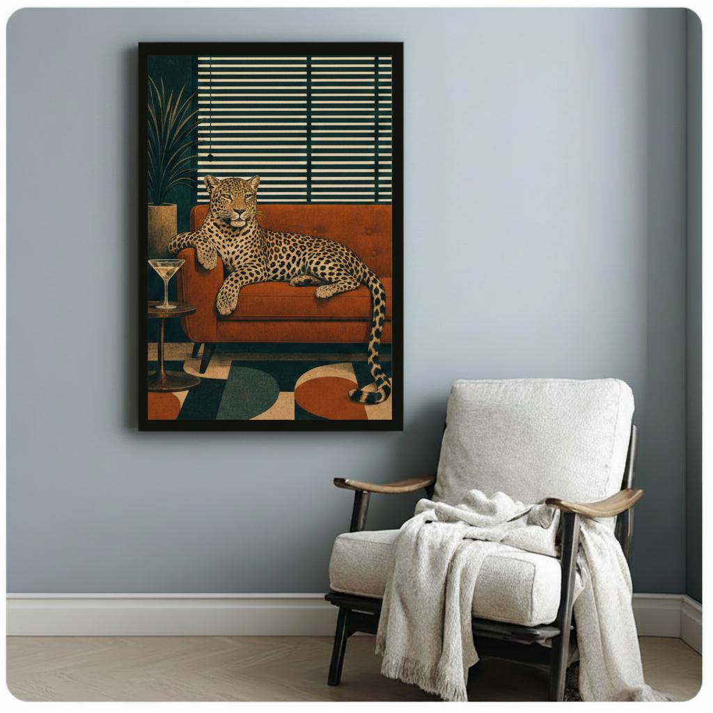 Confident leopard reclining on burnt orange mid-century sofa with paw draped over armrest beside round pedestal table with martini glass teal room with horizontal blinds tropical plant and teal orange cream geometric floor rug retro illustration framed art poster displayed beside a wooden armchair with white draped throw blanket against a soft blue-gray wall