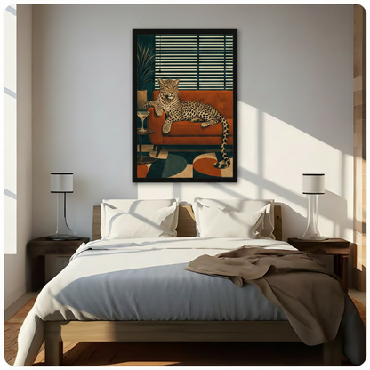 Laid-back leopard sprawled on burnt orange mid-century modern sofa beside tulip table with martini glass against teal wall with horizontal blinds and tropical palm plant geometric teal orange cream rug retro interior illustration framed wall art print hanging above a modern bedroom bed with white linen bedding, dark wood nightstands, and minimalist white table lamps