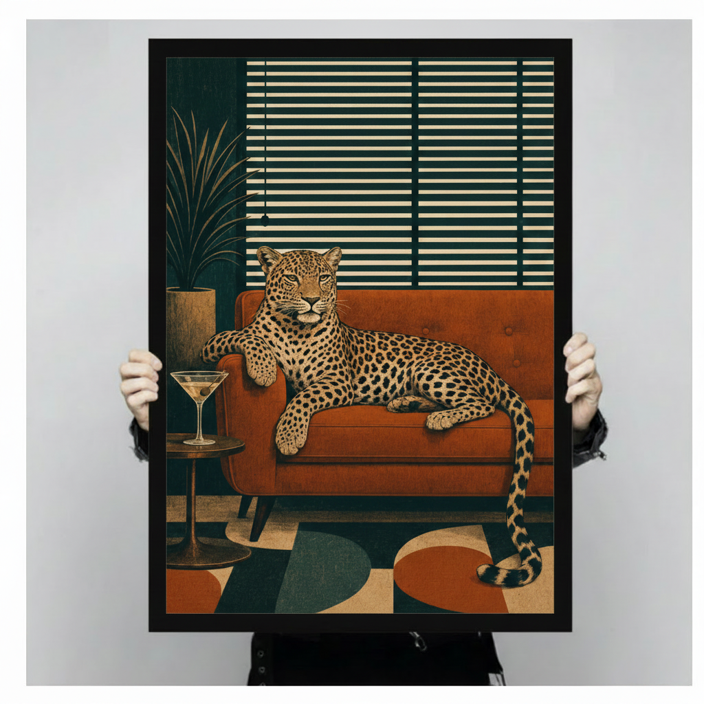 Stylish leopard lounging on rust orange retro couch with martini cocktail glass on round side table in front of deep teal wall with venetian window blinds and palm plant abstract geometric color block rug mid-century modern animal illustration framed wall art print held up for size reference against a light gray neutral background